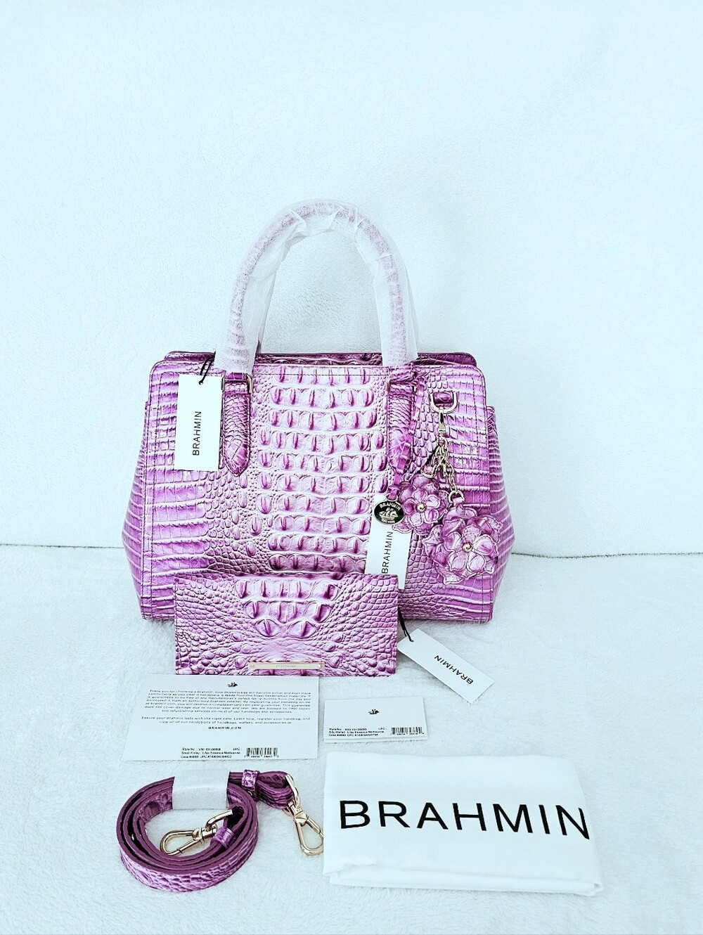 NWT Brahmin LILAC ESSENCE Small Finley, Ady Wallet, & Flower Duo Charm